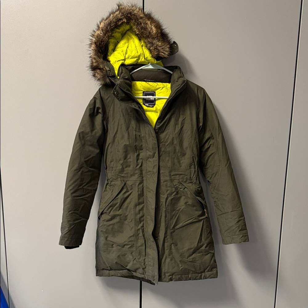The North Face Olive Green Parka with Neon Yellow Lining